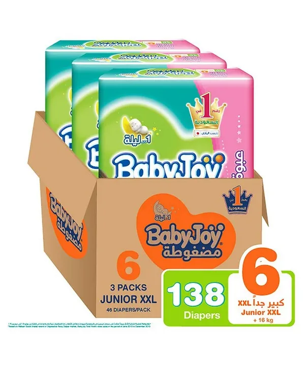 بيبي جوي Baby Joy حفاضات كومبريسد دايموند باد مقاس 6 إكسترا لارج (16-25 كجم) - صندوق عملاق 138 حفاضة (46×3)
